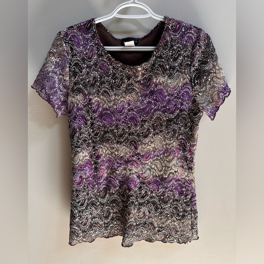 Vintage‎ 90s/Y2K McBling Brittany Black Abstract Iridescent Lettuce Hem Blouse M